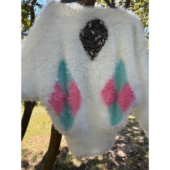 Vintage 80s Soft Fuzzy Sweater With Diamond Pattern Size Small - Picture 1 of 14